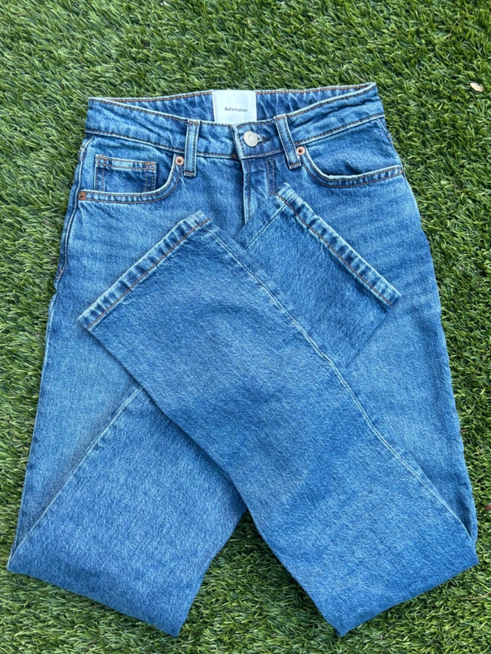 Reformation High Rise Straight Leg Jeans 24 Vintage Wash Sustainable Denim Women